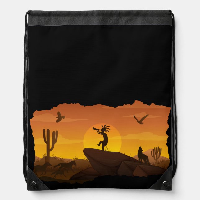 Arizona Desert Sunset Kokopelli Drawstring Bag (Front)