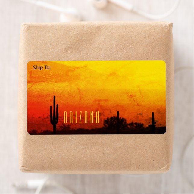 Arizona Desert Sunset Yellow Red Orange Cactus Label (Insitu)