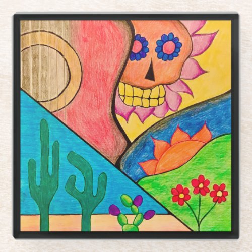 Arizona Folk Art Desert Cactus Mexico Glass Coaster