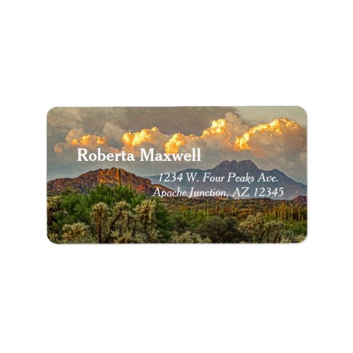 Arizona Four Peaks Mountain Colorful Clouds Sunset Label