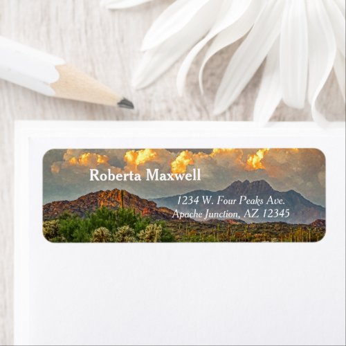 Arizona Four Peaks Mountain Colorful Clouds Sunset Label