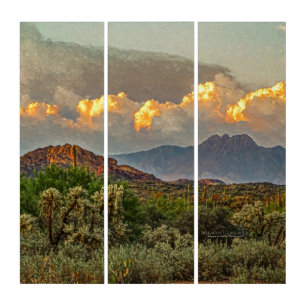 Arizona Four Peaks Mountain Colorful Clouds Sunset Triptych