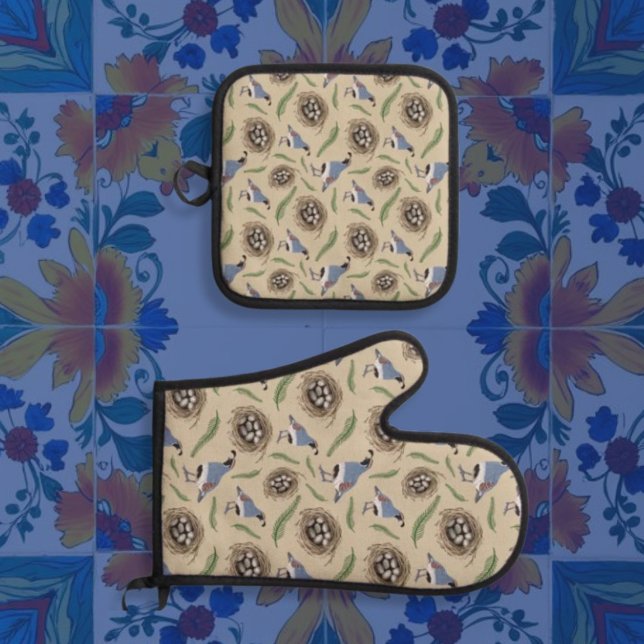 Arizona Gambel's Quail and Egg Repeat Pattern Oven Mitt & Pot Holder Set (Creator Uploaded)