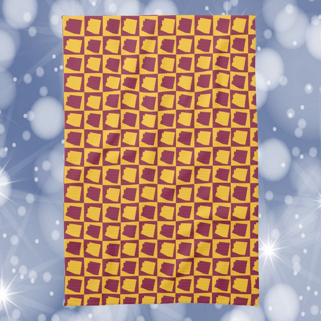 Arizona Geometric Maroon and Gold Pattern Kitchen Towel (A kitchen towel with a maroon and gold pattern featuring the US state of Arizona)