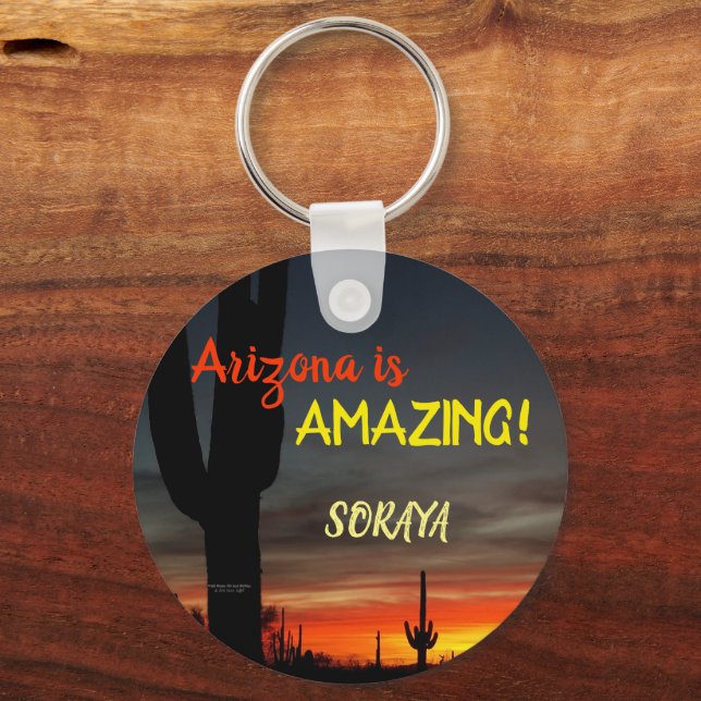"Arizona is Amazing!" Sunset Sonoran Desert Cactus Keychain (Front)