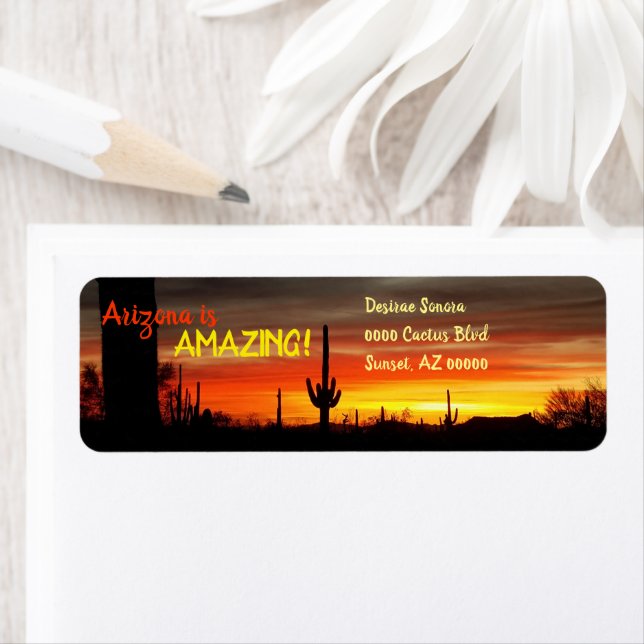 "Arizona is Amazing!" Sunset Sonoran Desert Cactus Label (Insitu)