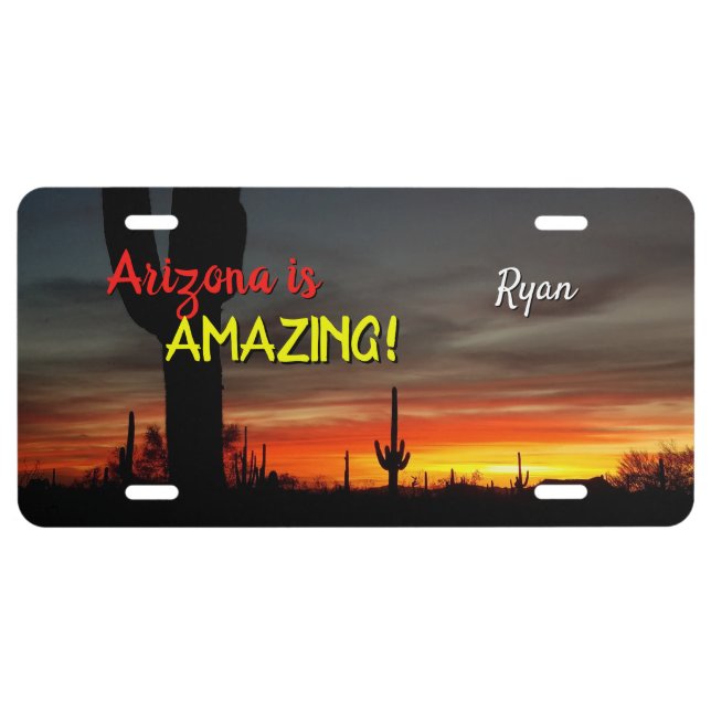 "Arizona is Amazing!" Sunset Sonoran Desert Cactus License Plate (Front)