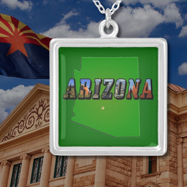 Arizona Map and Picture Text Square Silver Plated Necklace (Arizona Map and Picture Text Square Silver Plated Necklace)