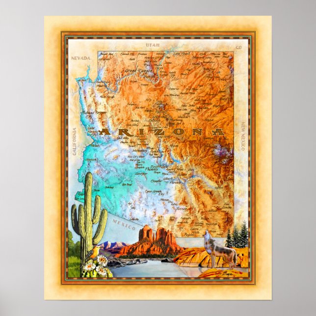 "Arizona Map" "Arizona Art" Poster (Front)