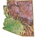 Arizona Map Magnet Cut Out<br><div class="desc">This magnet, shaped like the state of Arizona, displays a relief map of the state surrounded by a gold effect border. Arizonan decor for your fridge.
Map derived from images at nationalatlas.gov.</div>