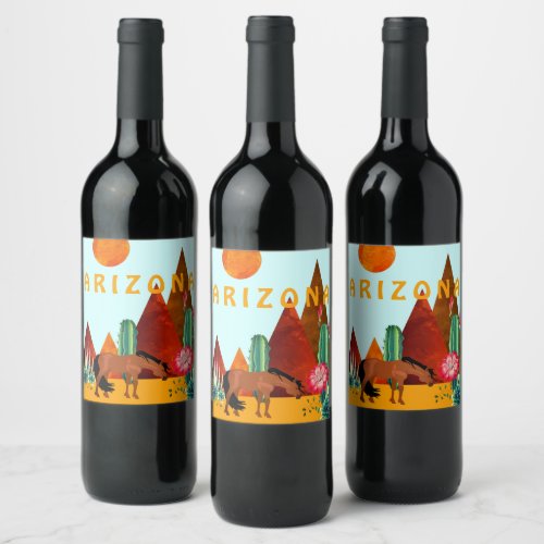 Arizona  Mountains Cacti and Horse Desert Wine Label