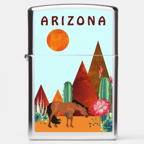 Arizona _ Mountains Desert Cacti Horse and Sun Zippo Lighter
