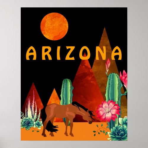 Arizona  Mountains Desert Horse and Full Moon Poster