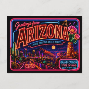 Arizona Neon State Retro Vintage Postcard