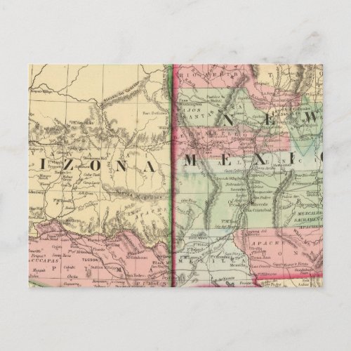 Arizona New Mexico Map by Mitchell Postcard