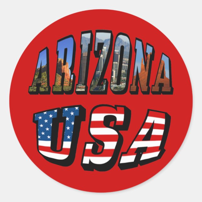Arizona Picture and USA Flag Text Classic Round Sticker (Front)