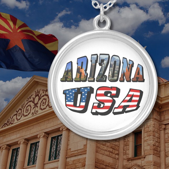 Arizona Picture and USA Flag Text Round Silver Plated Necklace (Arizona Picture and USA Flag Text Round Silver Plated Necklace)
