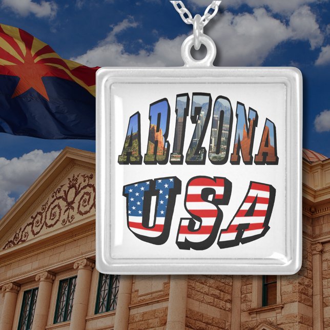 Arizona Picture and USA Flag Text Square Silver Plated Necklace (Arizona Picture and USA Flag Text Square Silver Plated Necklace)