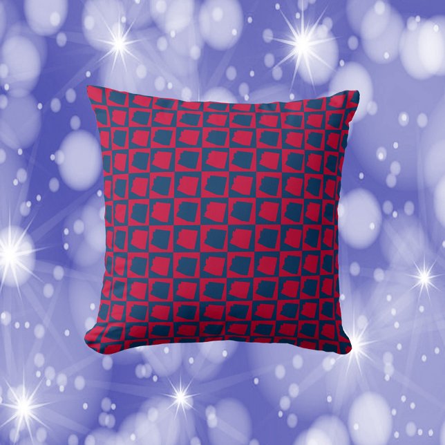Arizona Red and Blue Check Pattern Throw Pillow (A throw pillow with a red and blue pattern featuring the state of Arizona.)