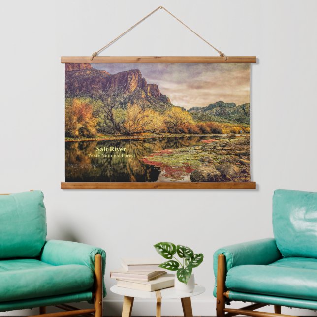 Arizona River Sonoran Desert Mountains Digital Art Hanging Tapestry (Living Room)