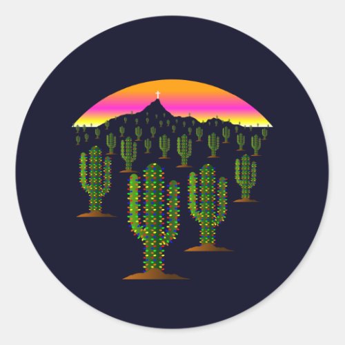 Arizona Saguaro Cactus Christmas Lights at Sunset Classic Round Sticker