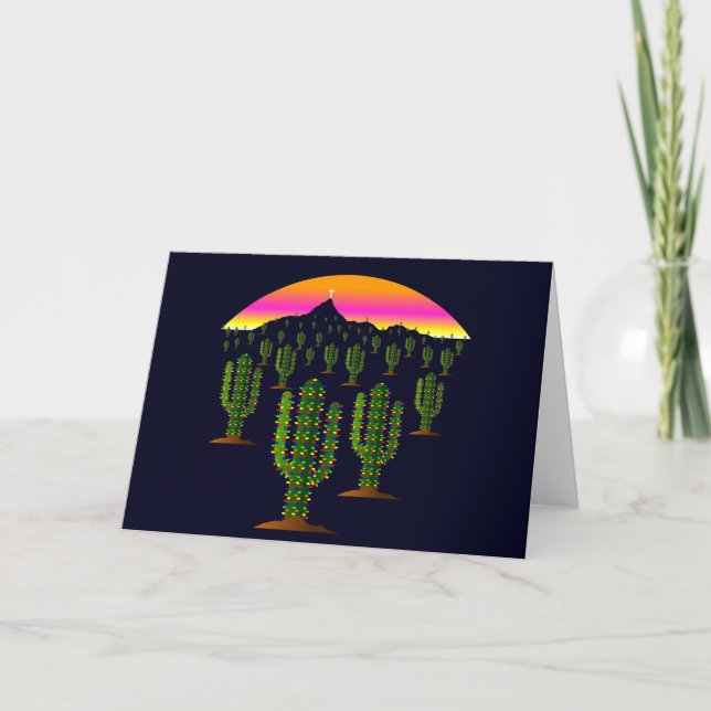 Arizona Saguaro Cactus Christmas Lights at Sunset Holiday Card (Front)