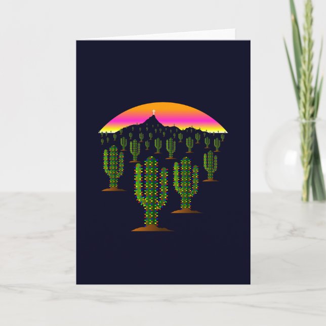 Arizona Saguaro Cactus Christmas Lights at Sunset Holiday Card (Front)