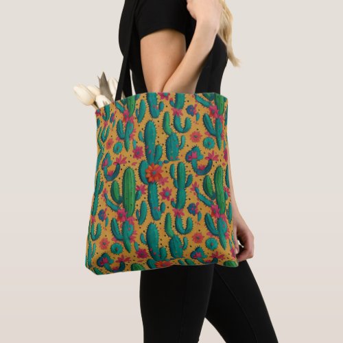 Arizona Saguaro Cactus Floral Seamless Pattern Tote Bag