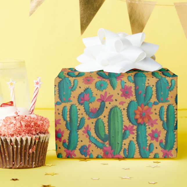 Arizona Saguaro Cactus Floral Seamless Pattern Wrapping Paper (Birthday Party)