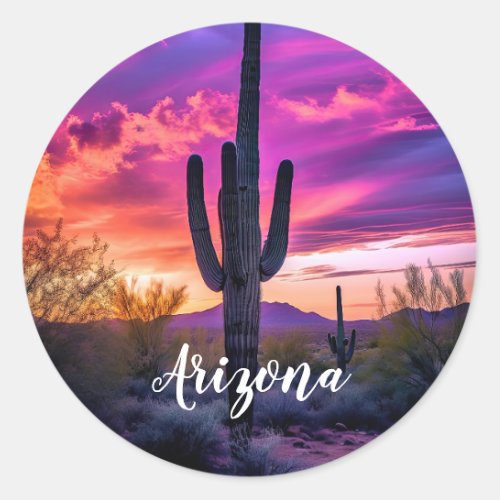 Arizona Saguaro Cactus Southwestern Desert Sunset Classic Round Sticker