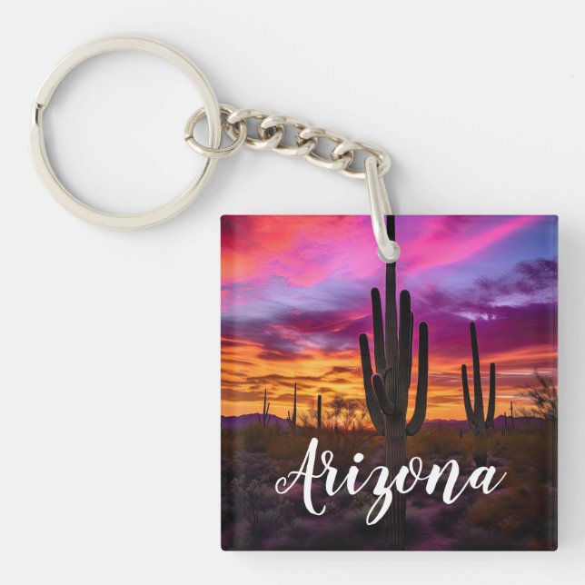 Arizona Saguaro Cactus Southwestern Desert Sunset Keychain (Front)