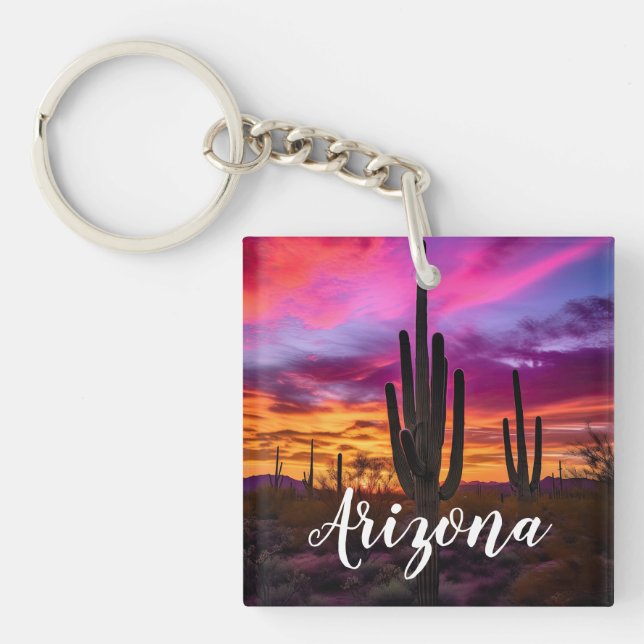 Arizona Saguaro Cactus Southwestern Desert Sunset Keychain (Front)