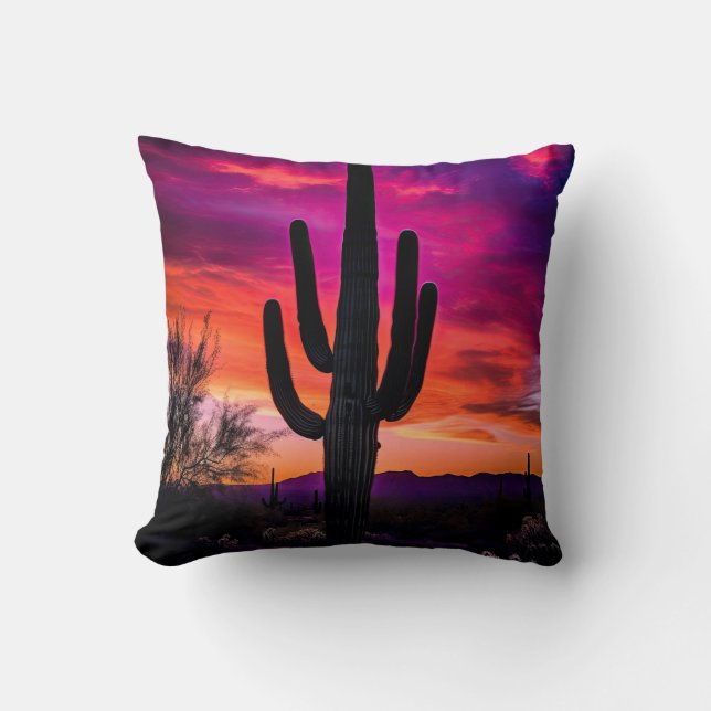 Arizona Saguaro Cactus Southwestern Desert Sunset Throw Pillow (Front)