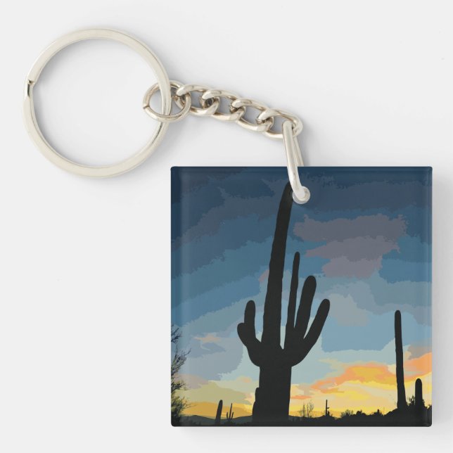 Arizona Saguaro Cactus Southwestern Sunset Keychain (Front)