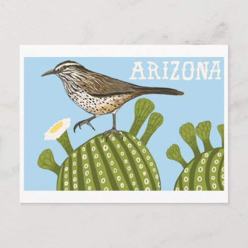 Arizona Saguaro Cactus Wren drawing Postcard