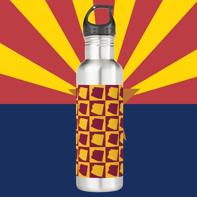 Arizona Silhouette Pattern Maroon and Gold  Stainless Steel Water Bottle (A water bottle with a maroon and gold pattern featuring the US state of Arizona)