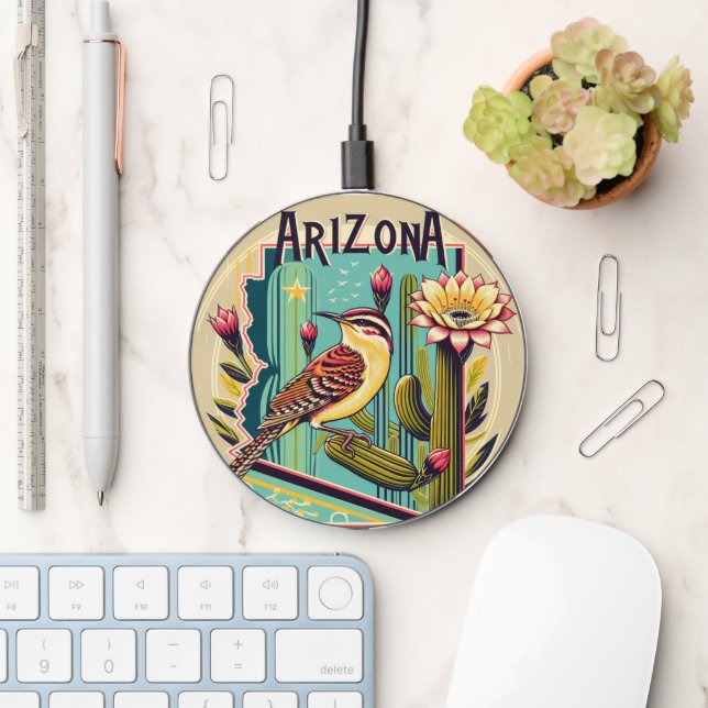 Arizona State Bird and Flower Art Deco Design Wireless Charger (Desk)