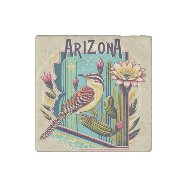 Arizona State Bird and Flower Green Yellow Blue Stone Magnet (Front)