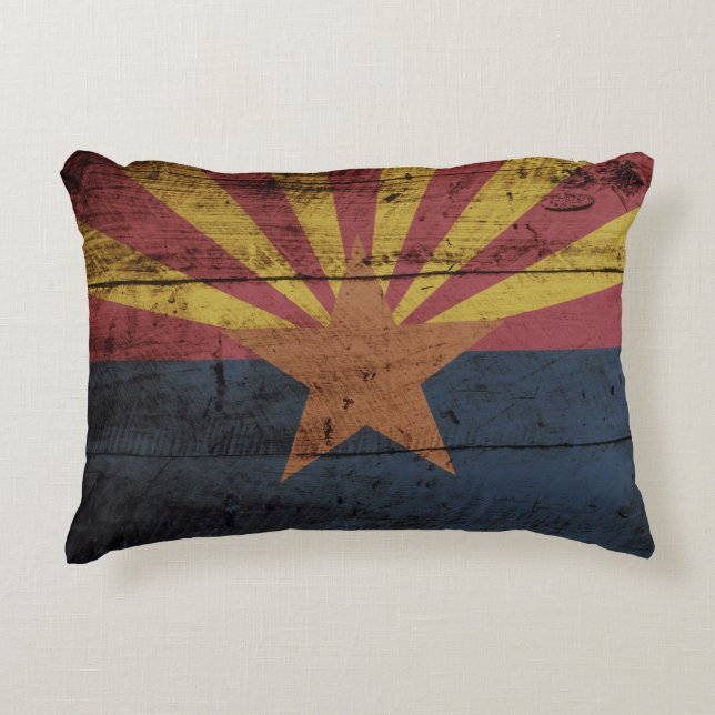 Arizona State Flag on Old Wood Grain Decorative Pillow (Front)