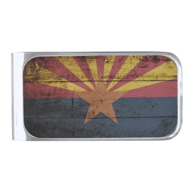Arizona State Flag on Old Wood Grain Silver Finish Money Clip (Front)