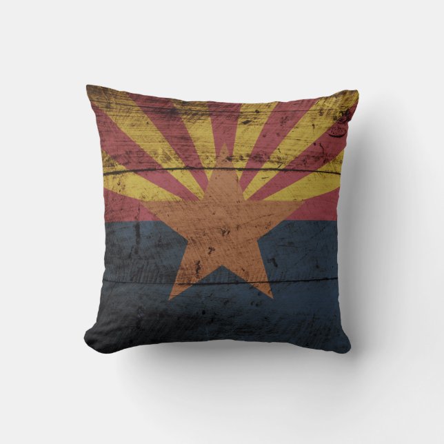 Arizona State Flag on Old Wood Grain Throw Pillow (Front)