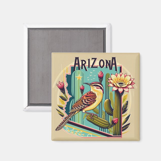 Arizona State Flower and Bird Cactus Wren Magnet (Front/Back)