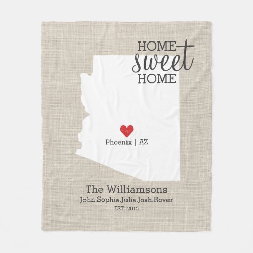 Arizona State Love Home Sweet Home Custom Map Fleece Blanket