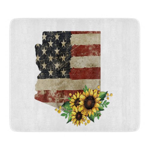 Arizona State Map US Flag Sunflower Glass Cutting Board