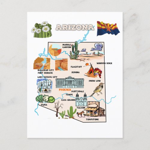 Arizona state Map with Tourist Destinations Postcard