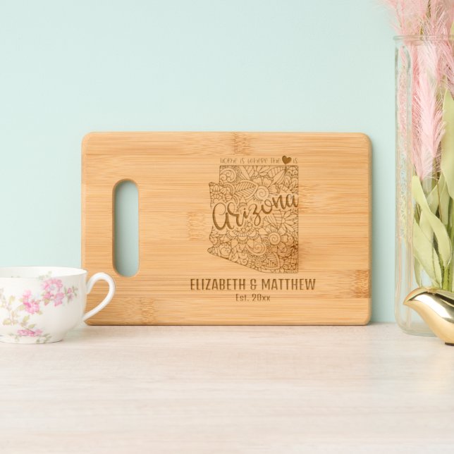 Arizona state wedding couple names date married engraved cutting board (Upright)