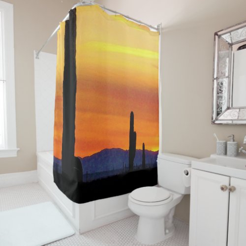 Arizona Sunset  Bright Orange  Cactus Silhouette Shower Curtain