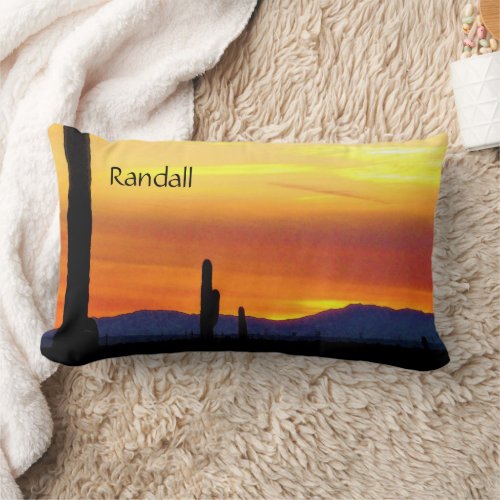 Arizona Sunset  Bright Orange  Saguaro Cactus Lumbar Pillow