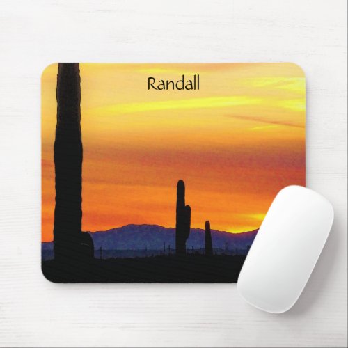 Arizona Sunset  Bright Orange  Saguaro Cactus Mouse Pad