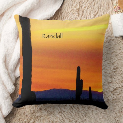 Arizona Sunset  Bright Orange  Saguaro Cactus Throw Pillow